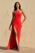 3D Floral Strapless Gown With Slit in Red