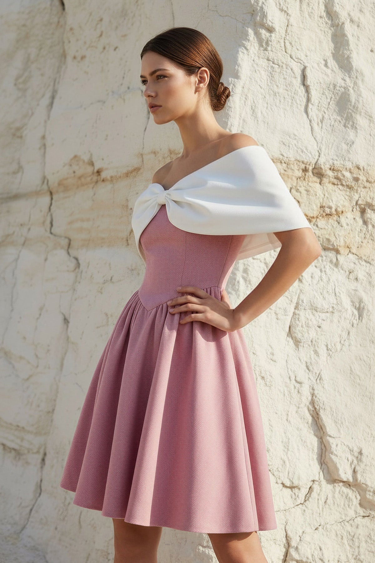 A-Line Mini Dress With Bow Cape in Pink
