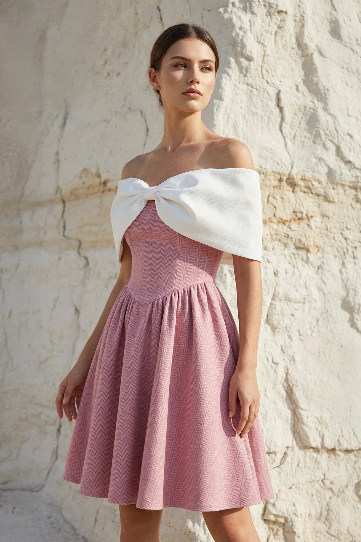 A-Line Mini Dress With Bow Cape in Pink