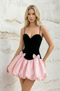 Bubble Hem Mini Dress With Bows in Black and Pink
