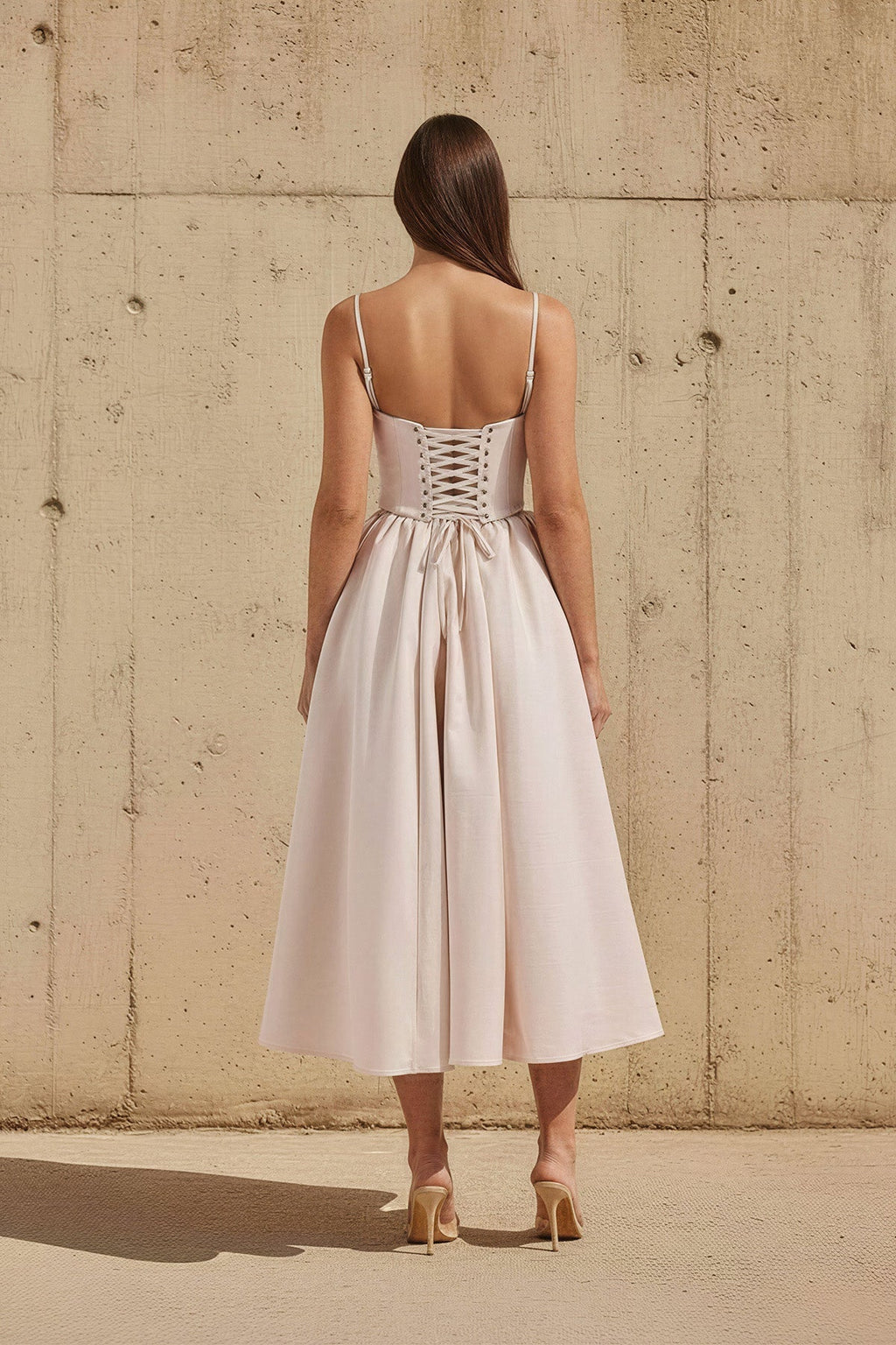 Corset Pleated Midi Dress in Champagne