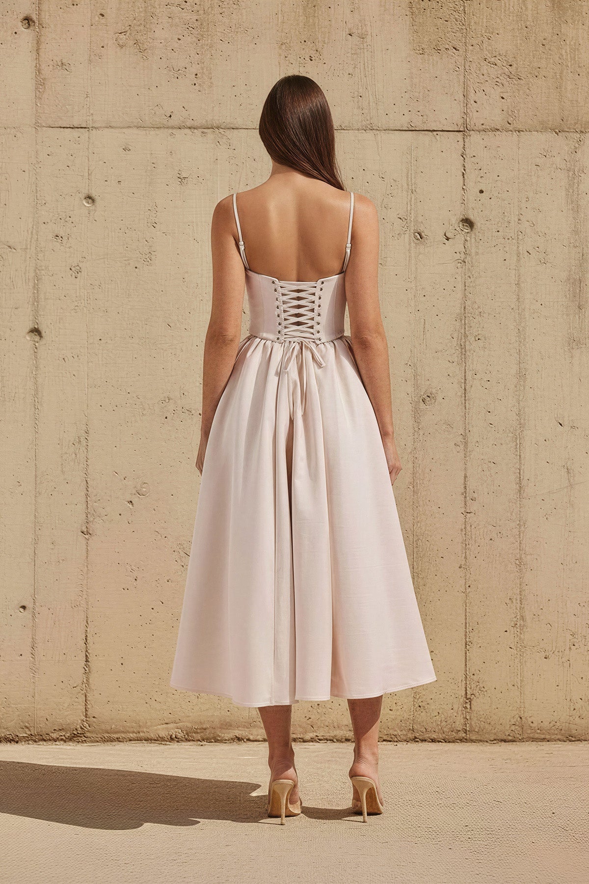 Corset Pleated Midi Dress in Champagne