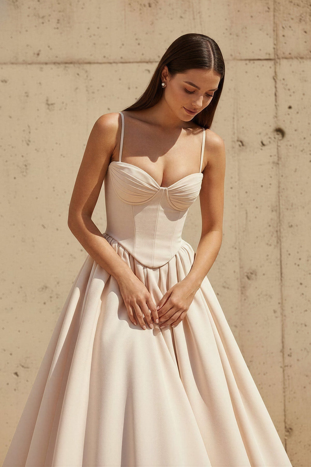 Corset Pleated Midi Dress in Champagne