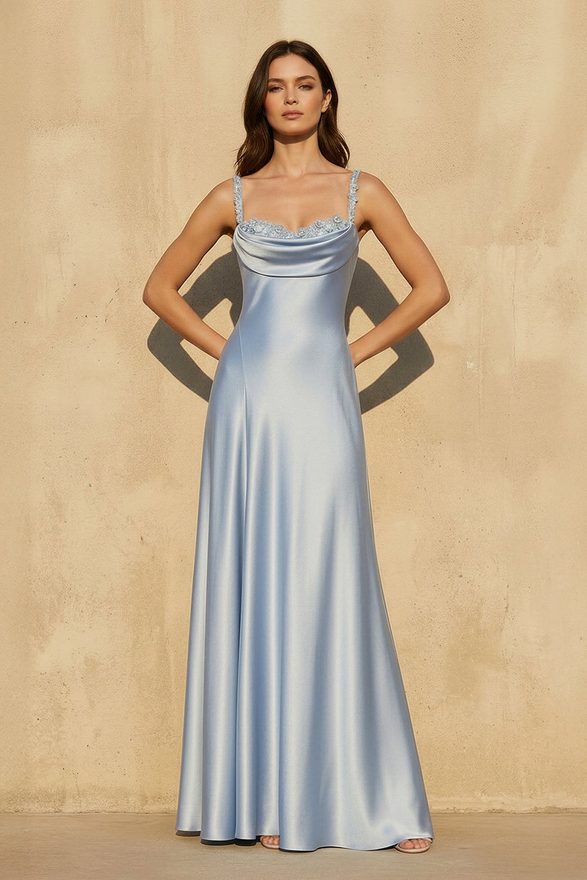 Cowl Neck Gown With Appliques in Sky Blue