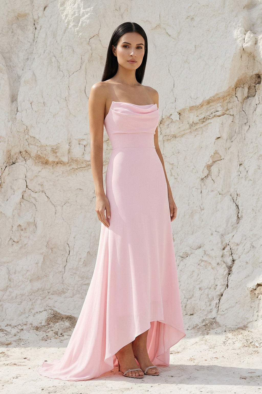 Cowl Neck High Low Maxi Dress in Pink