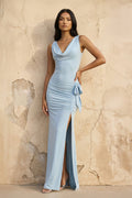 Cowl Neck Ruched Maxi Dress With Slit in Sky Blue