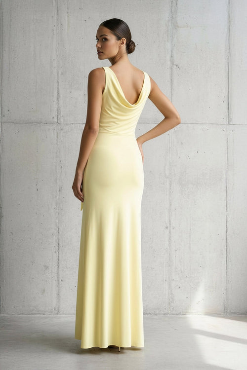 Cowl Neck Ruched Maxi Dress With Slit in Yellow