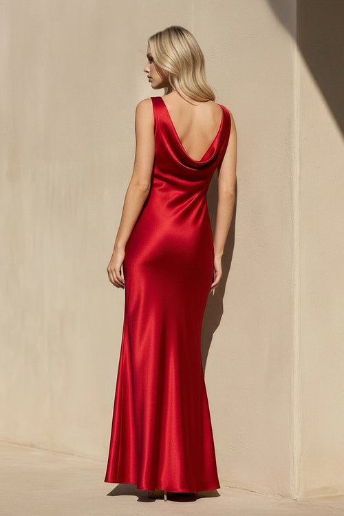 Cowl Neck Satin Maxi Dress in Red
