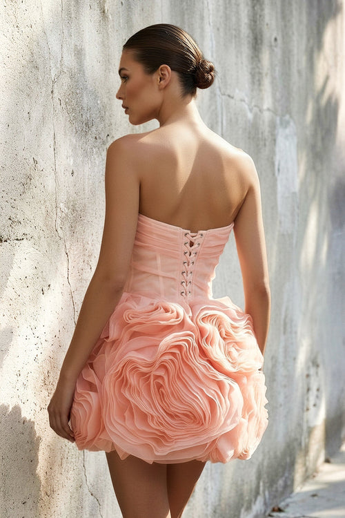 Floral Ruched Strapless Mini Dress in Coral Pink