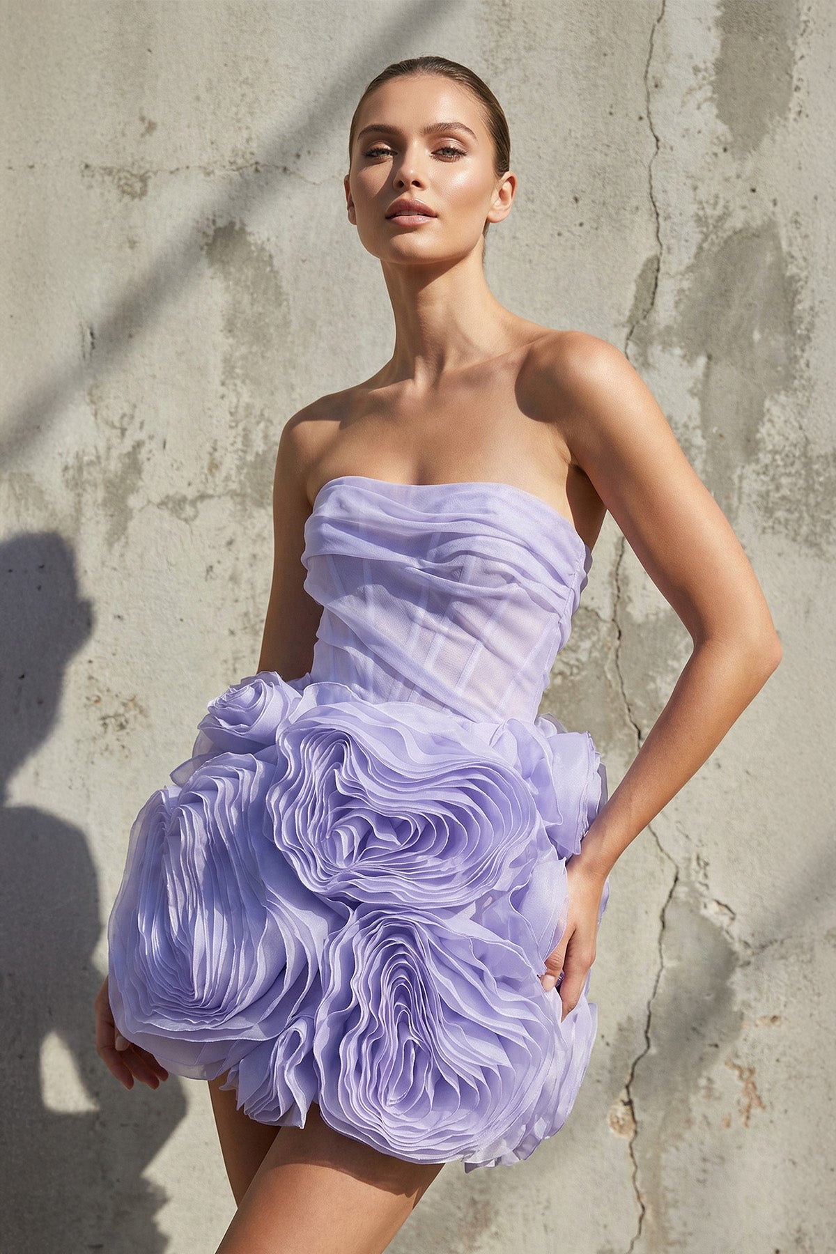 Floral Ruched Strapless Mini Dress in Lavender