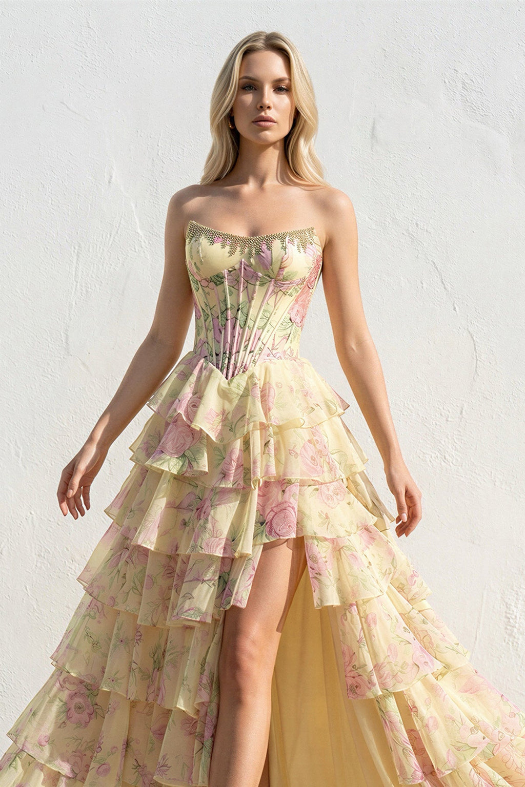 Floral Ruffled Prom Dress With Beading in Yellow