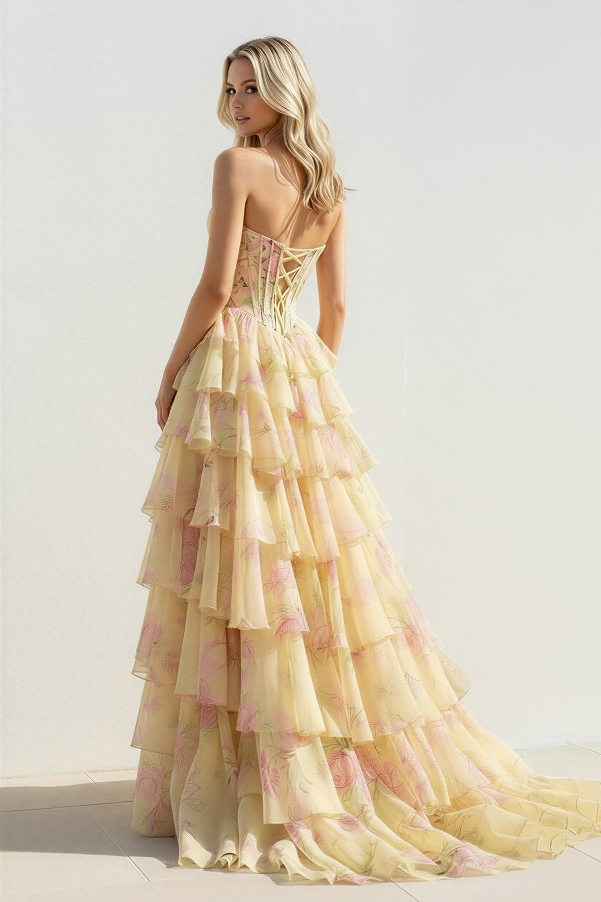 Floral Ruffled Prom Dress With Beading in Yellow
