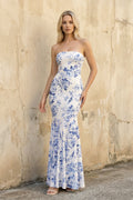 Floral Strapless Mermaid Prom Dress in Blue