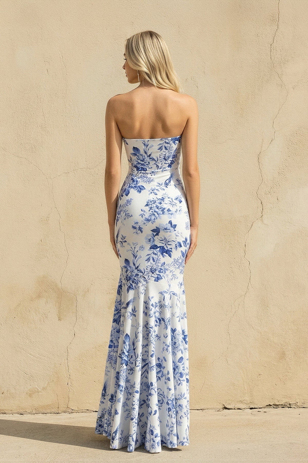 Floral Strapless Mermaid Prom Dress in Blue