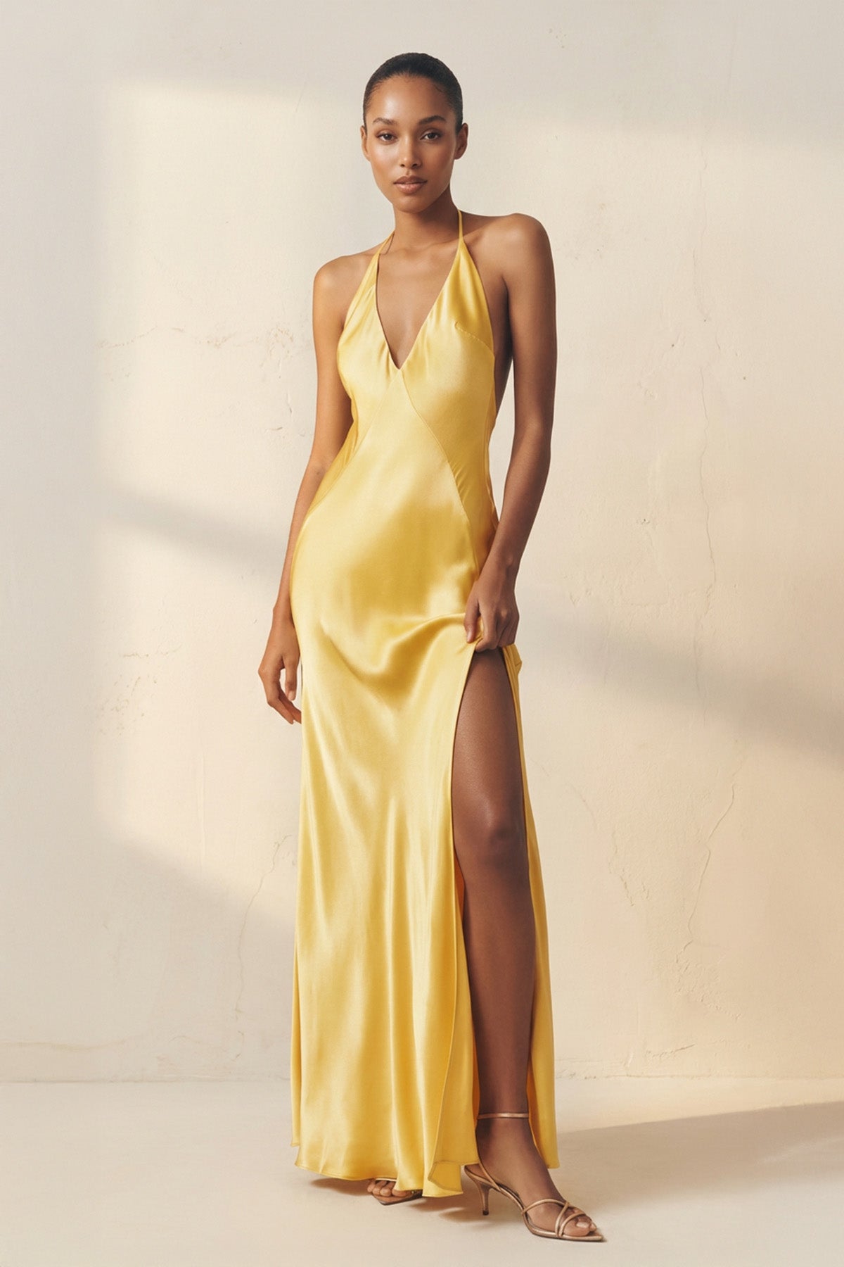 Halter Backless Maxi Dress With Slit in Yellow