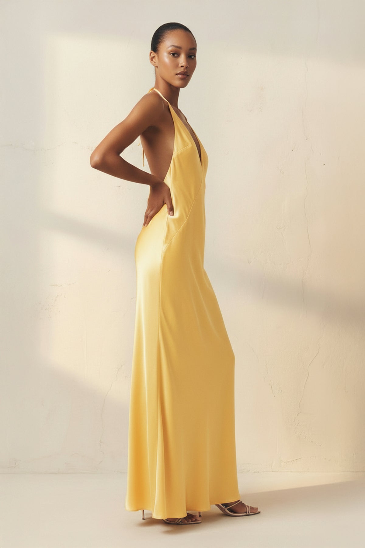 Halter Backless Maxi Dress With Slit in Yellow