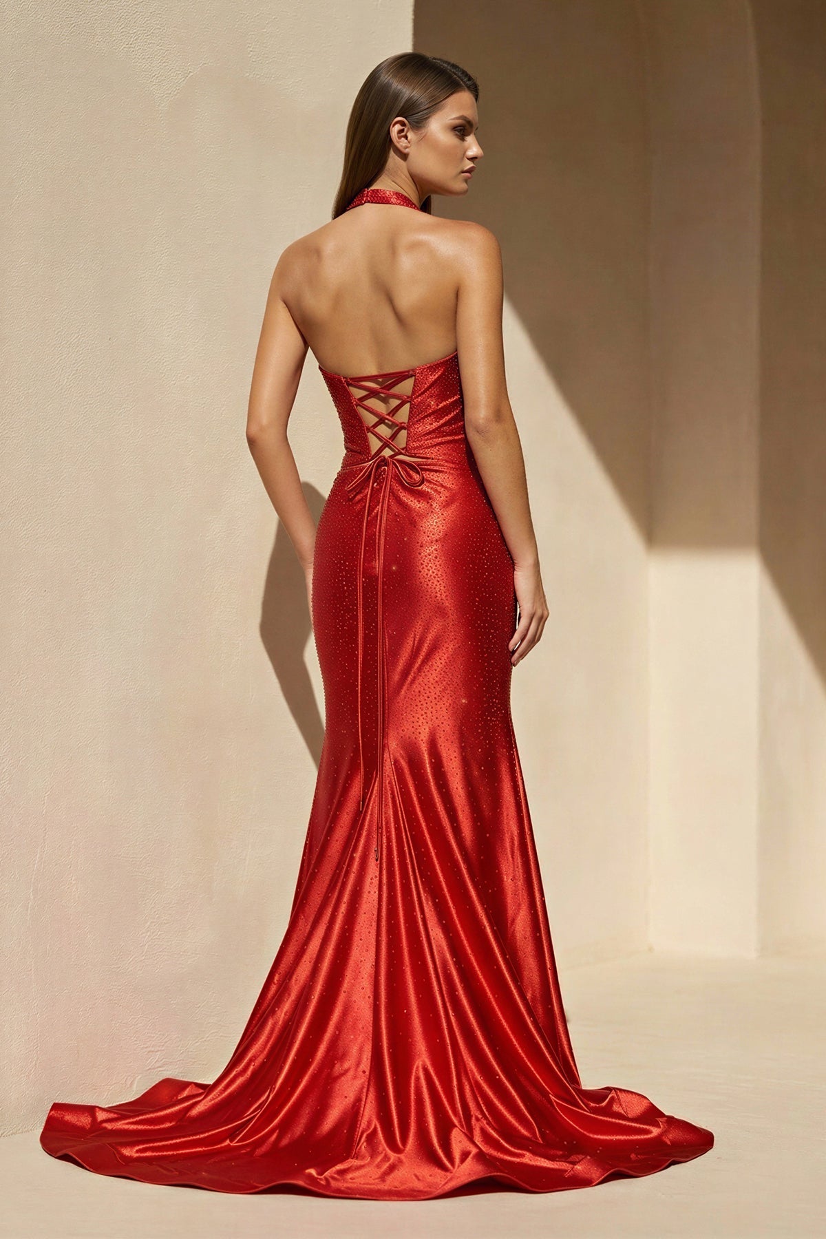 Halter Beaded Prom Dress With Slit in Red