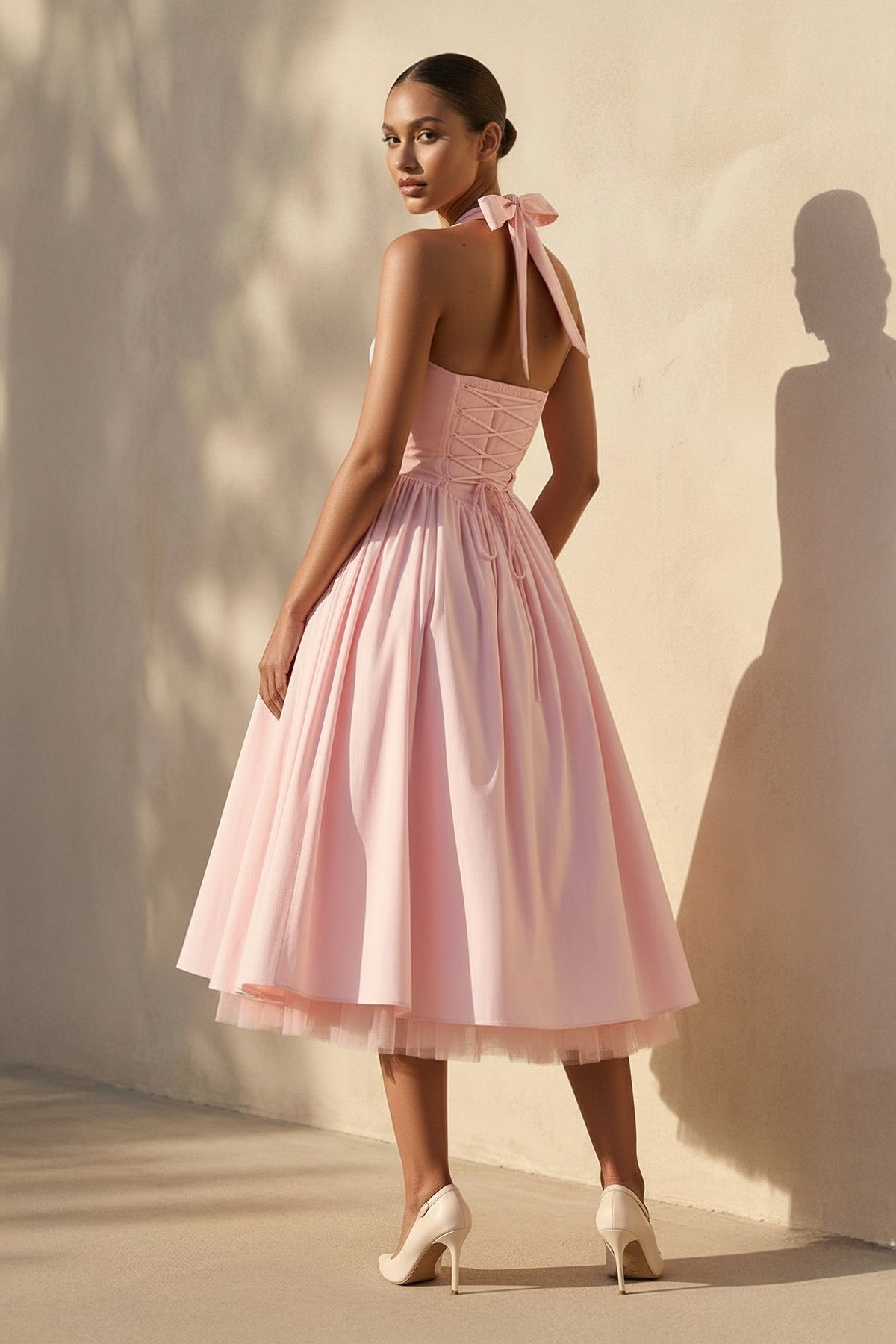 Halter Bow Midi Dress With Tulle Hem in Pink
