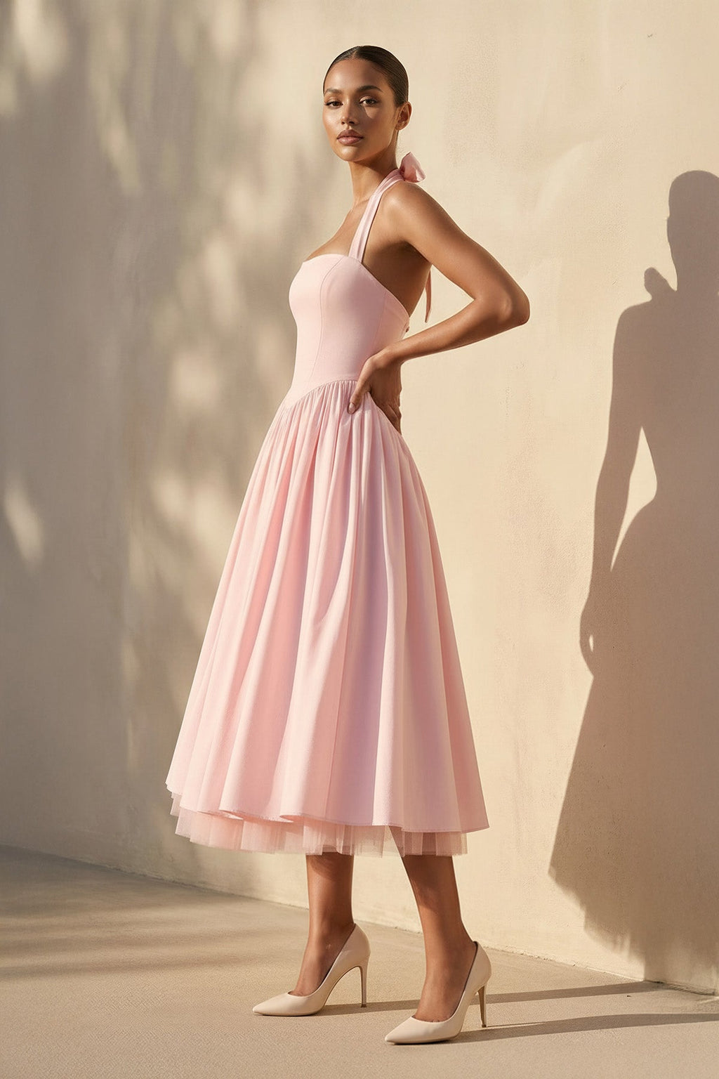 Halter Bow Midi Dress With Tulle Hem in Pink
