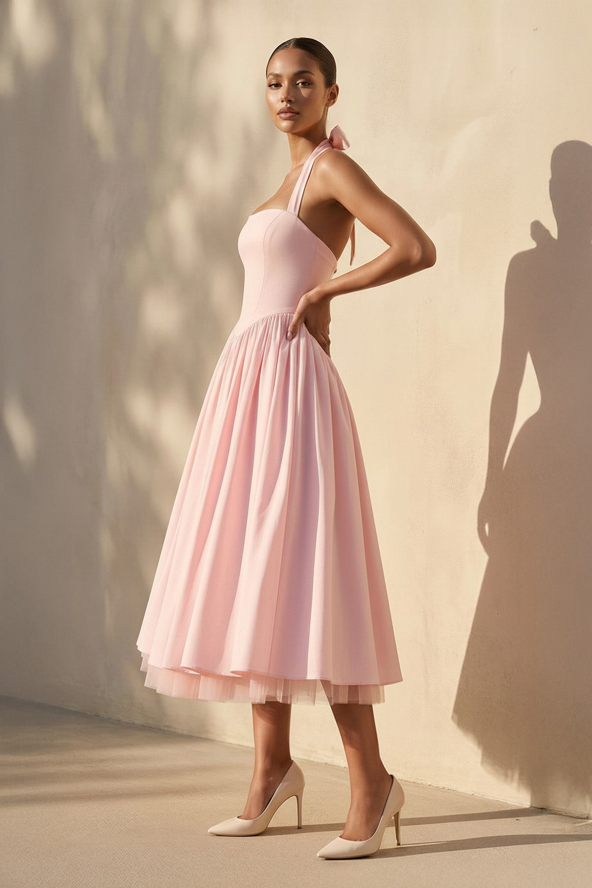 Halter Bow Midi Dress With Tulle Hem in Pink