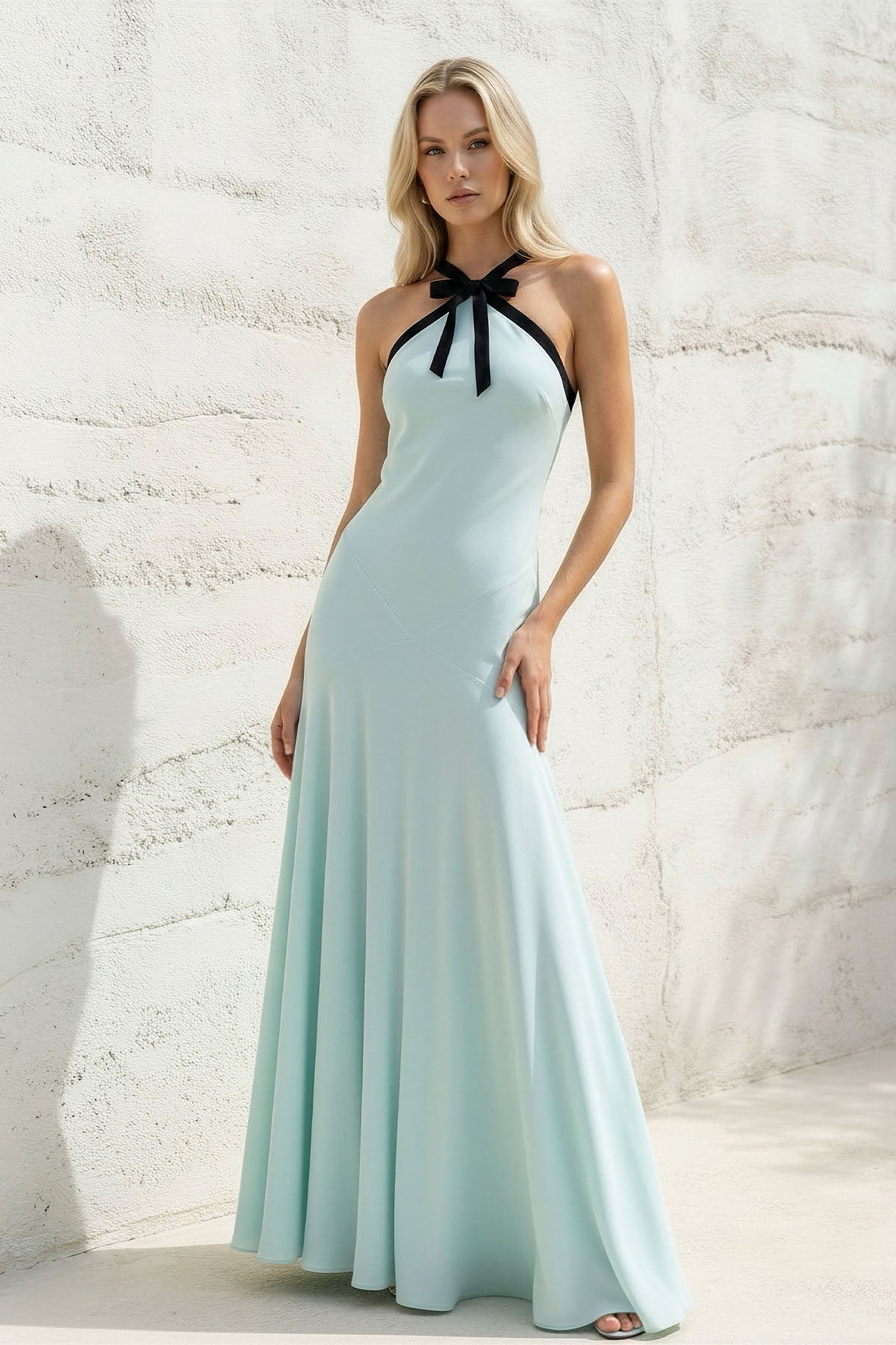 Halter Bow-Tie Maxi Dress in Aqua