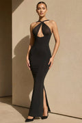 Halter Cutout Maxi Dress With Pearls in Black