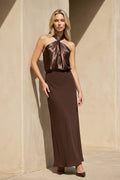 Halter Draped Maxi Dress in Brown
