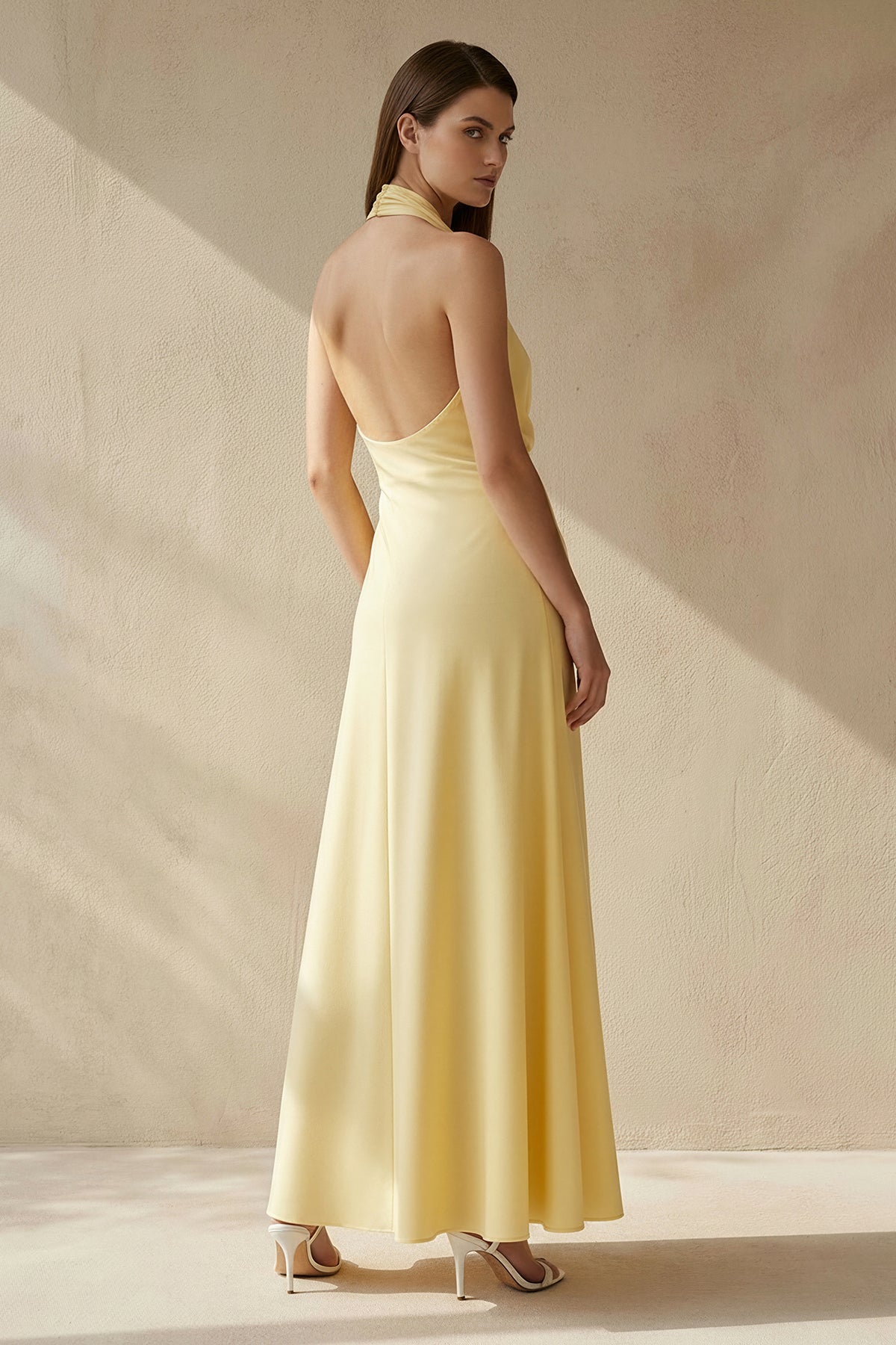 Halter Draped Maxi Dress With Slit in Yellow