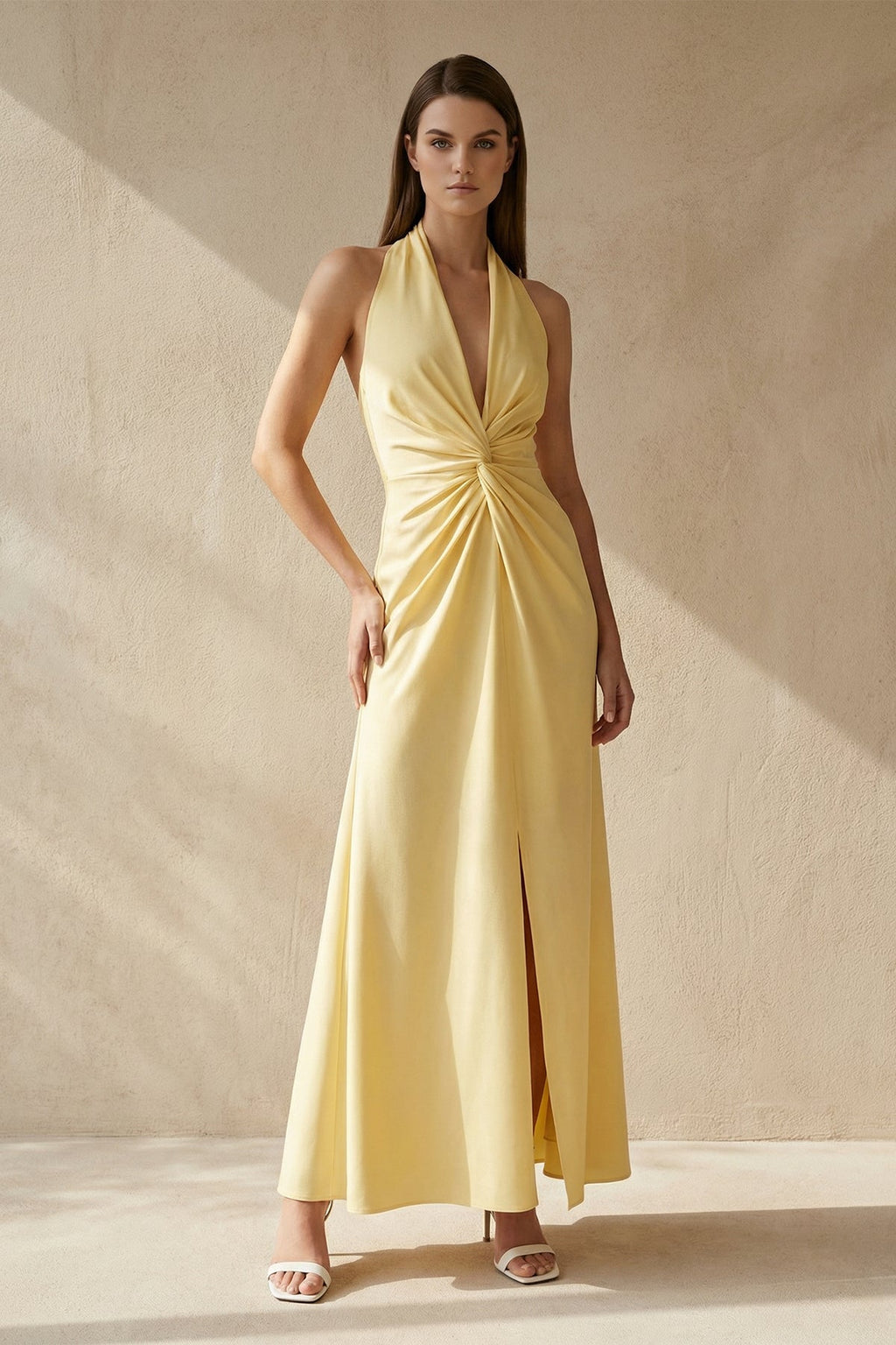 Halter Draped Maxi Dress With Slit in Yellow