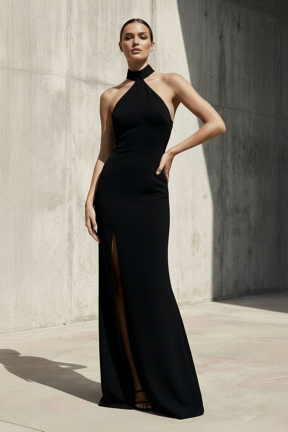 Halter Maxi Dress With Slit in Black