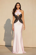 Halter Mermaid Maxi Dress With Lace in Black and Pink