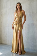 Halter Metallic Maxi Dress With Slit in Gold