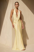 Halter Pleated Backless Maxi Dress in Yellow