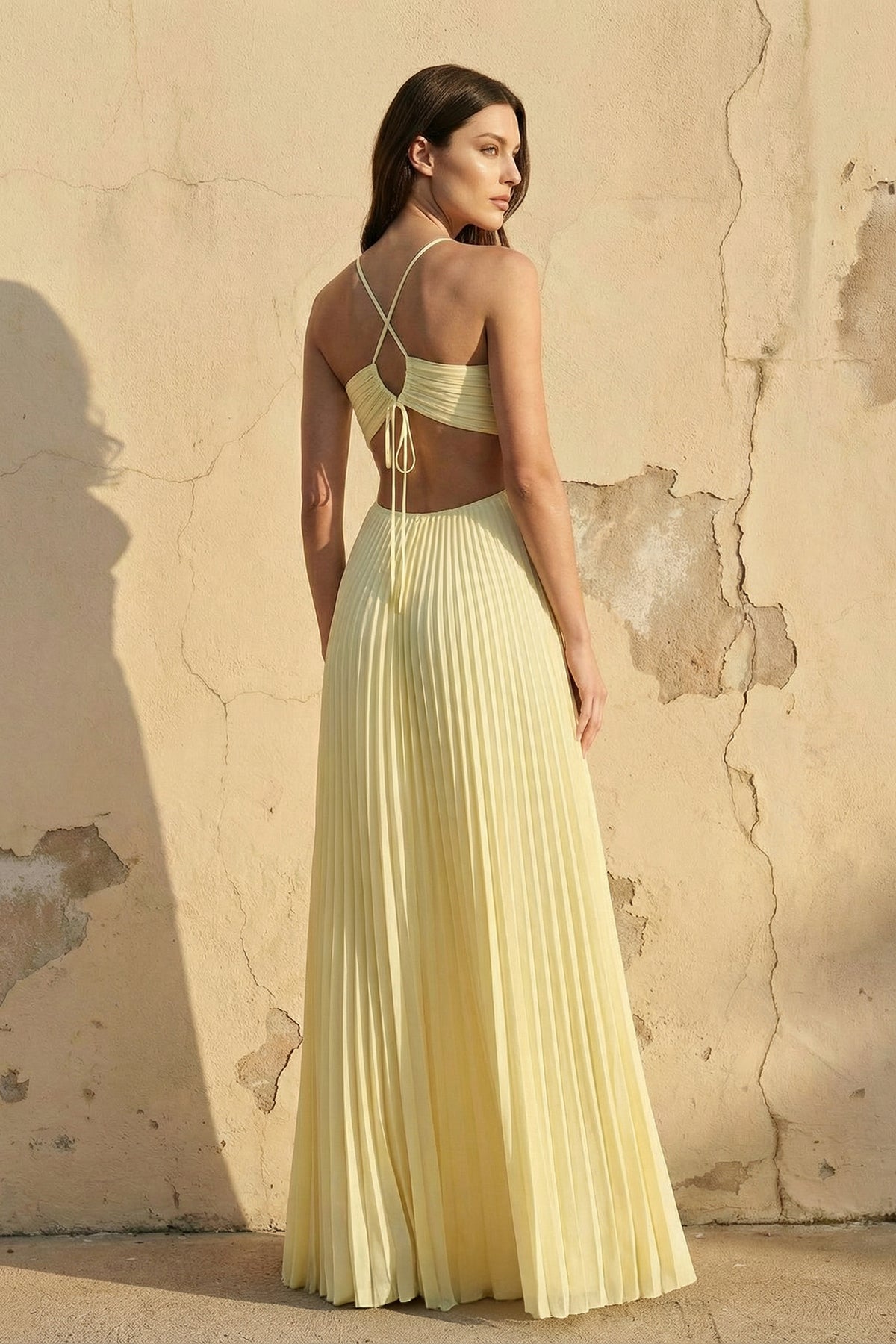 Halter Pleated Maxi Dress With Cutout in Yellow