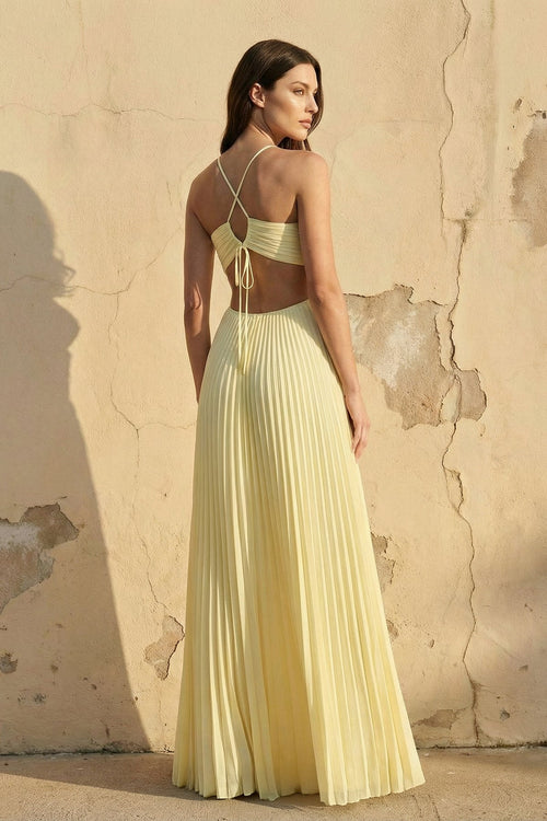 Halter Pleated Maxi Dress With Cutout in Yellow