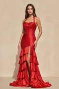 Halter Ruffled Prom Dress With Beading in Red