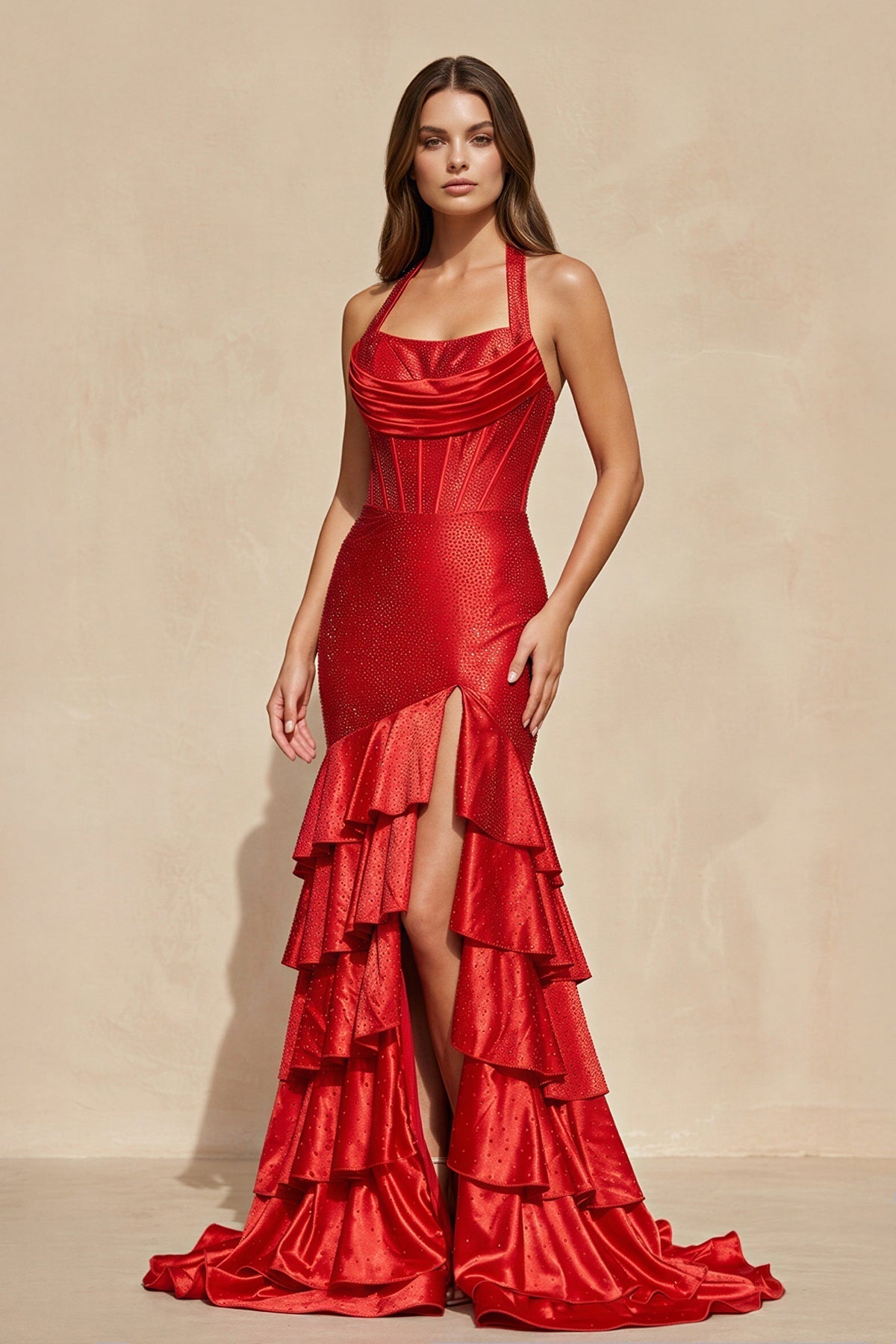 Halter Ruffled Prom Dress With Beading in Red