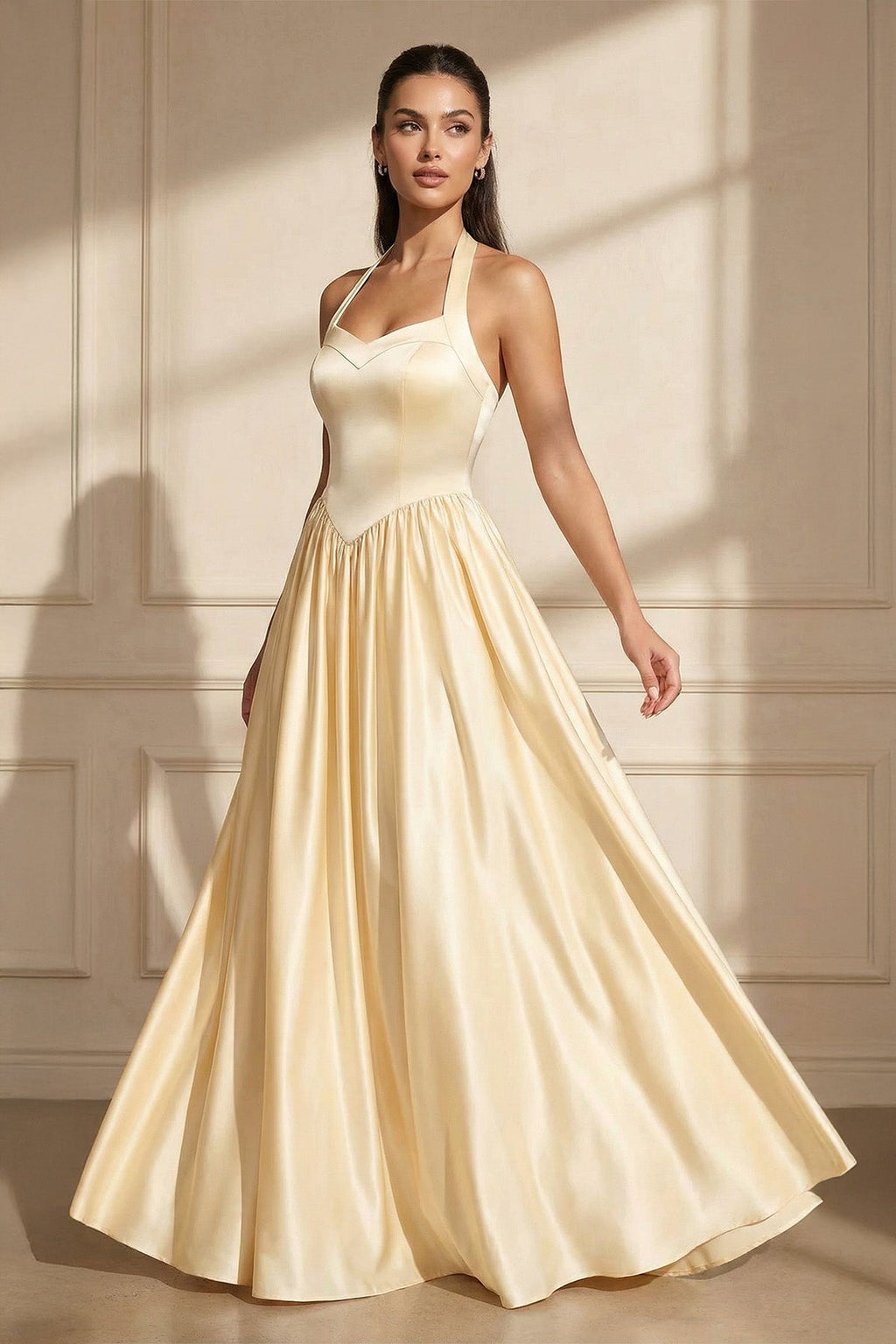 Halter Satin A-Line Maxi Dress in Yellow