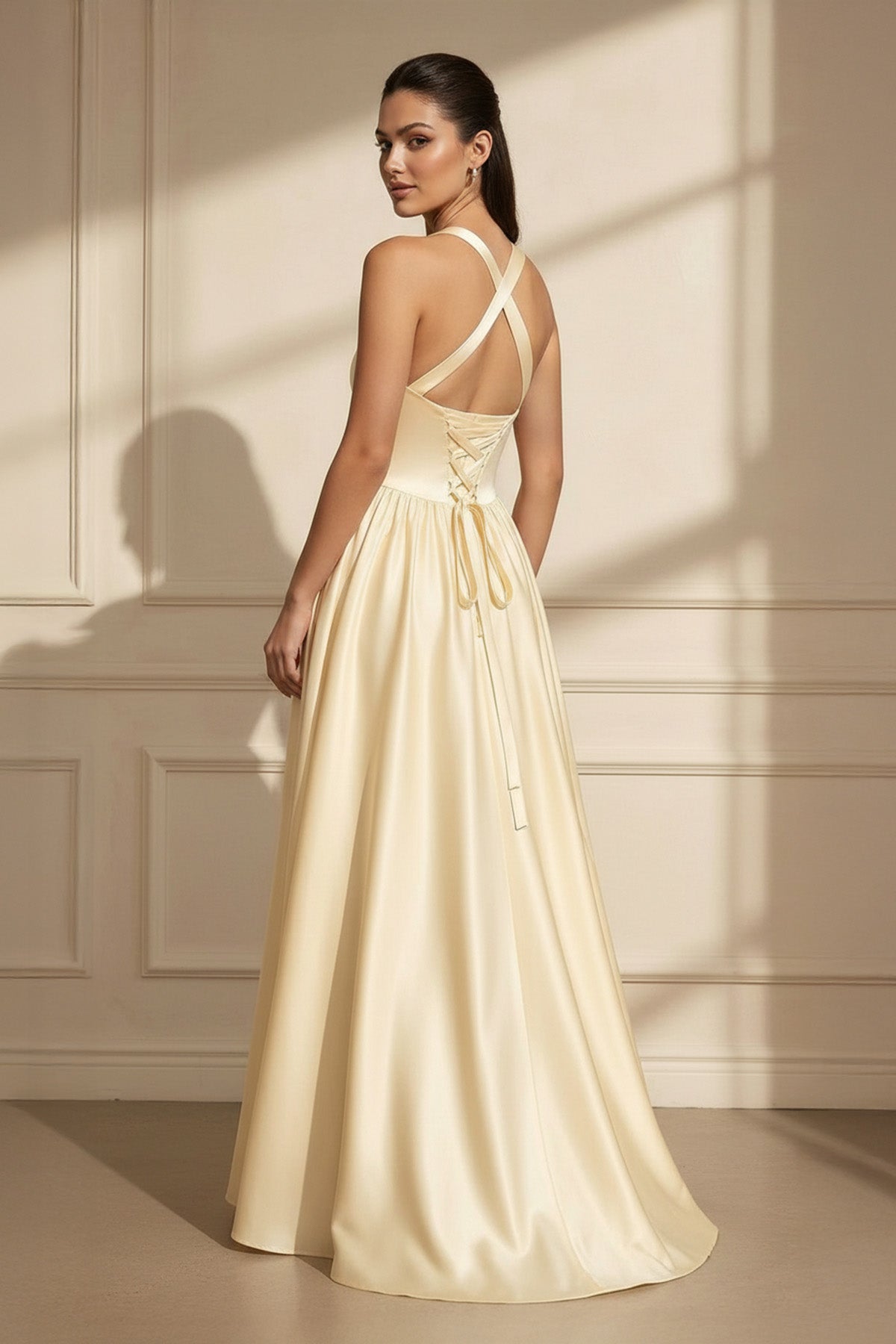 Halter Satin A-Line Maxi Dress in Yellow