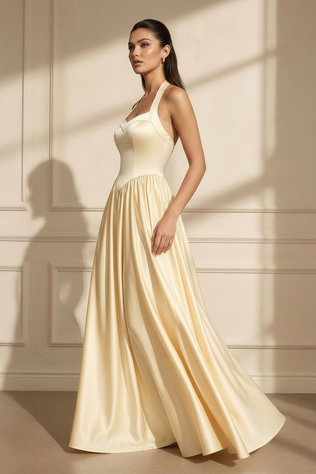 Halter Satin A-Line Maxi Dress in Yellow