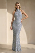 Halter Sequins Gown With Beading in Silver