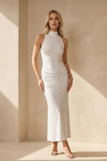 High Neck Beaded Midi Dress in White