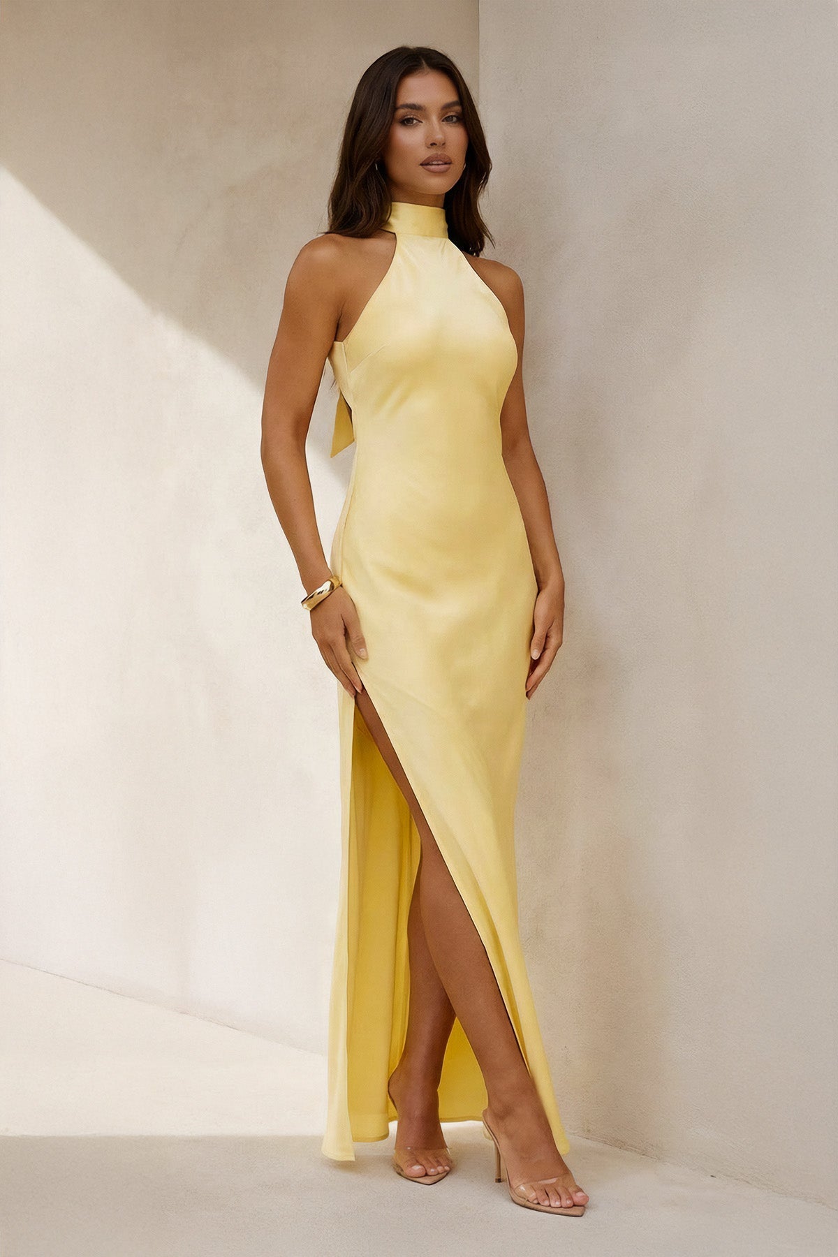 High Neck Maxi Dress with Bowknot in Yellow