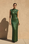 High Neck Sequins Backless Gown in Dark Green