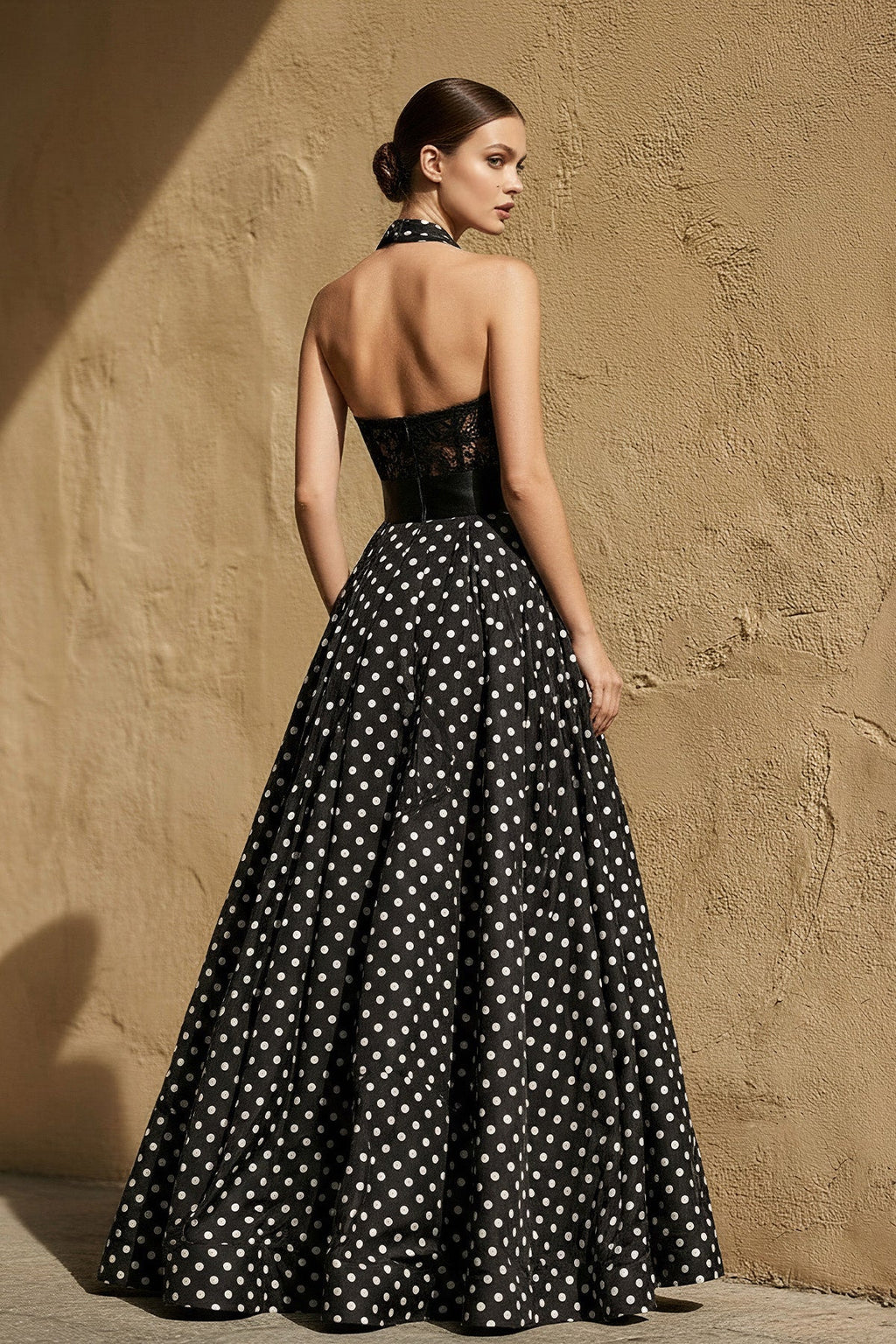 Lace Bodice Polka Dot Prom Gown in Black