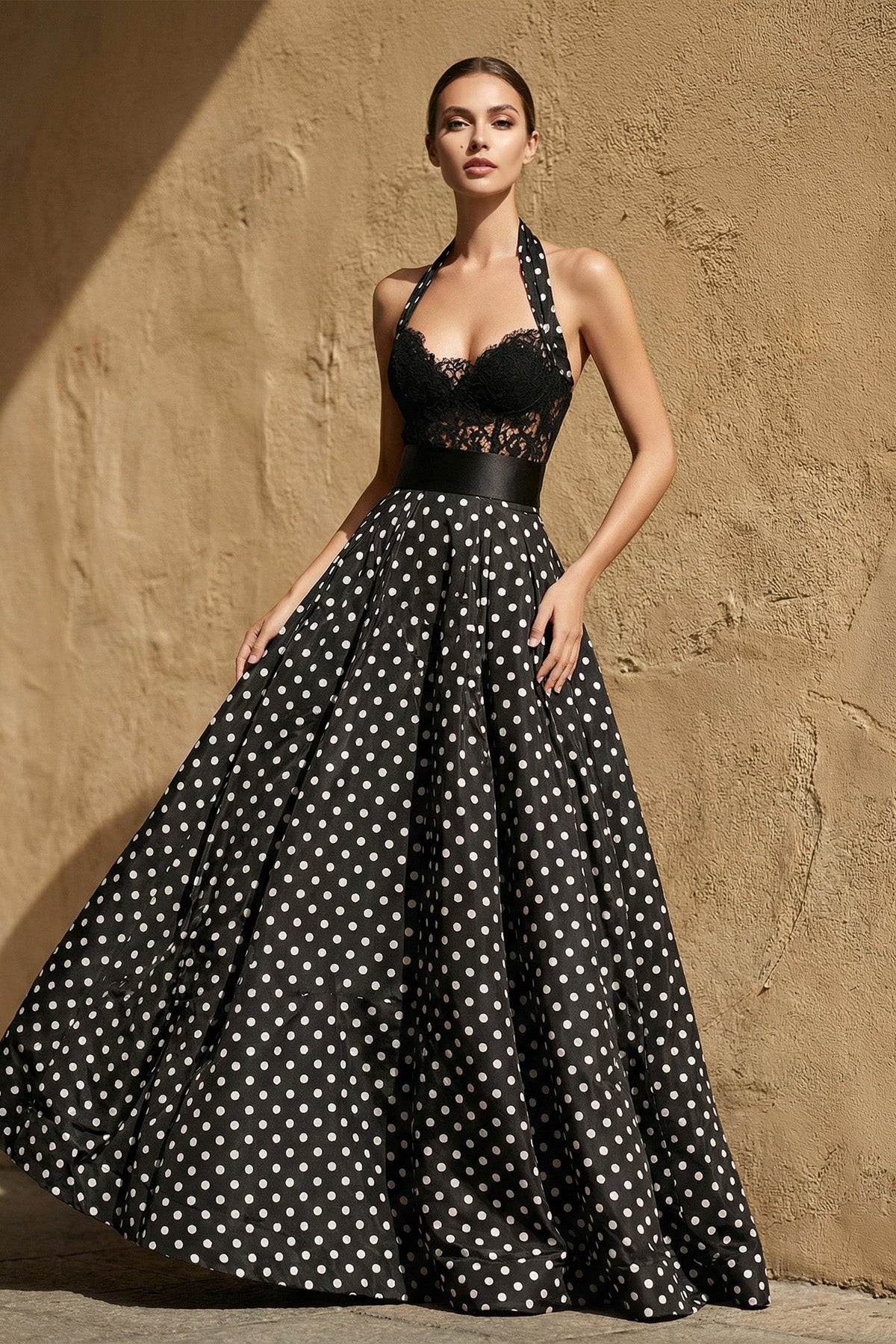 Lace Bodice Polka Dot Prom Gown in Black
