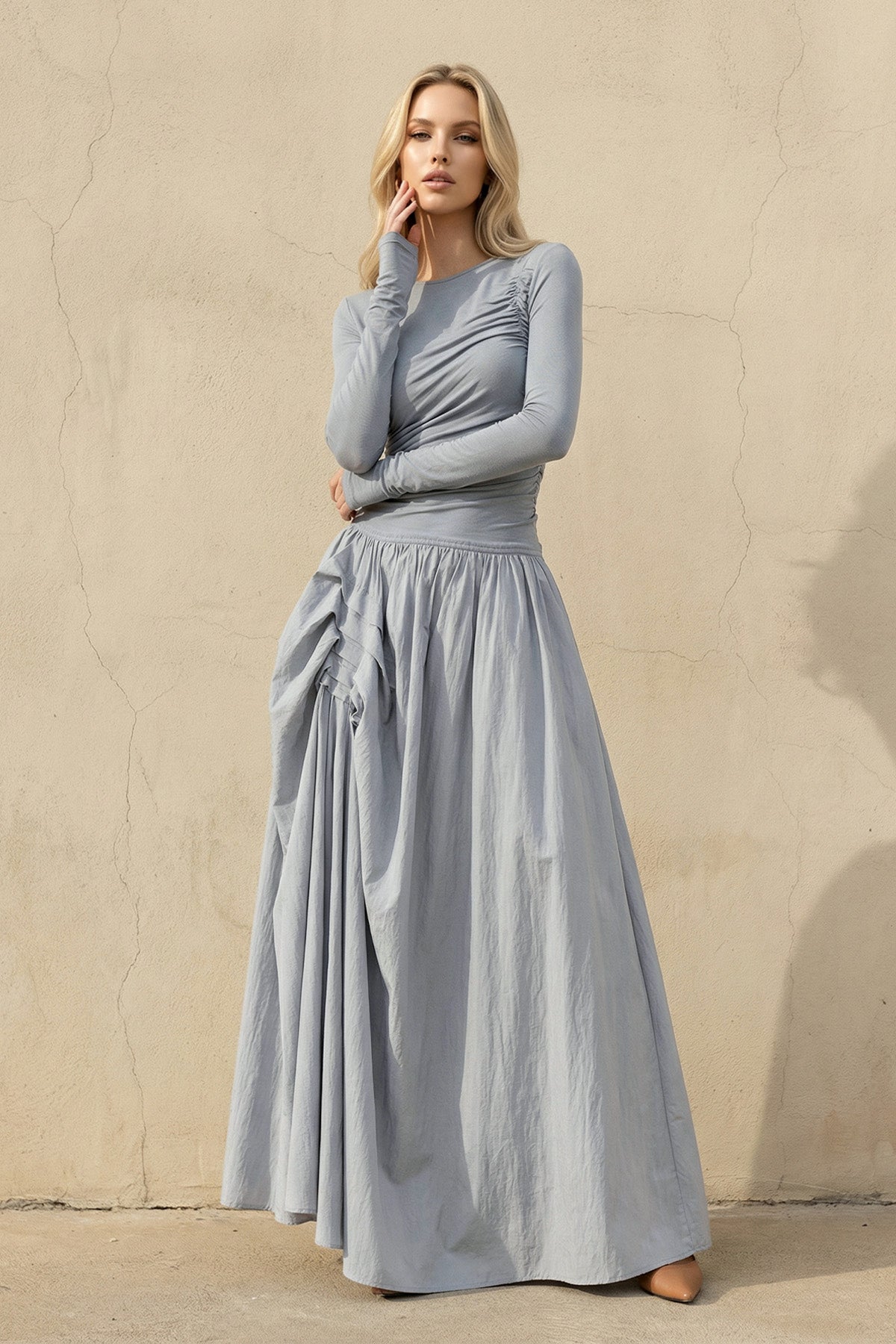 Long Sleeves Ruched Maxi Dress in Dusty Blue