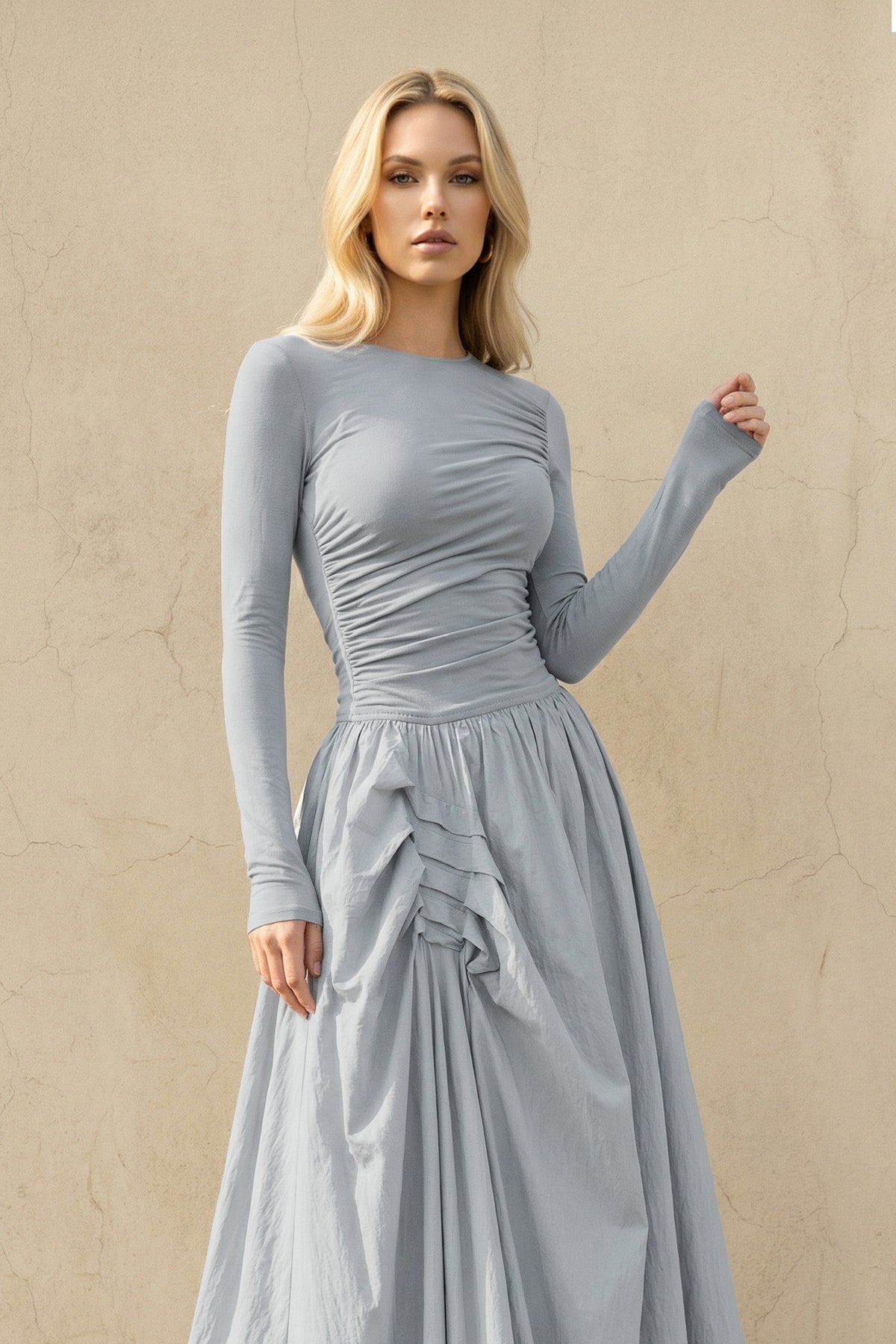 Long Sleeves Ruched Maxi Dress in Dusty Blue