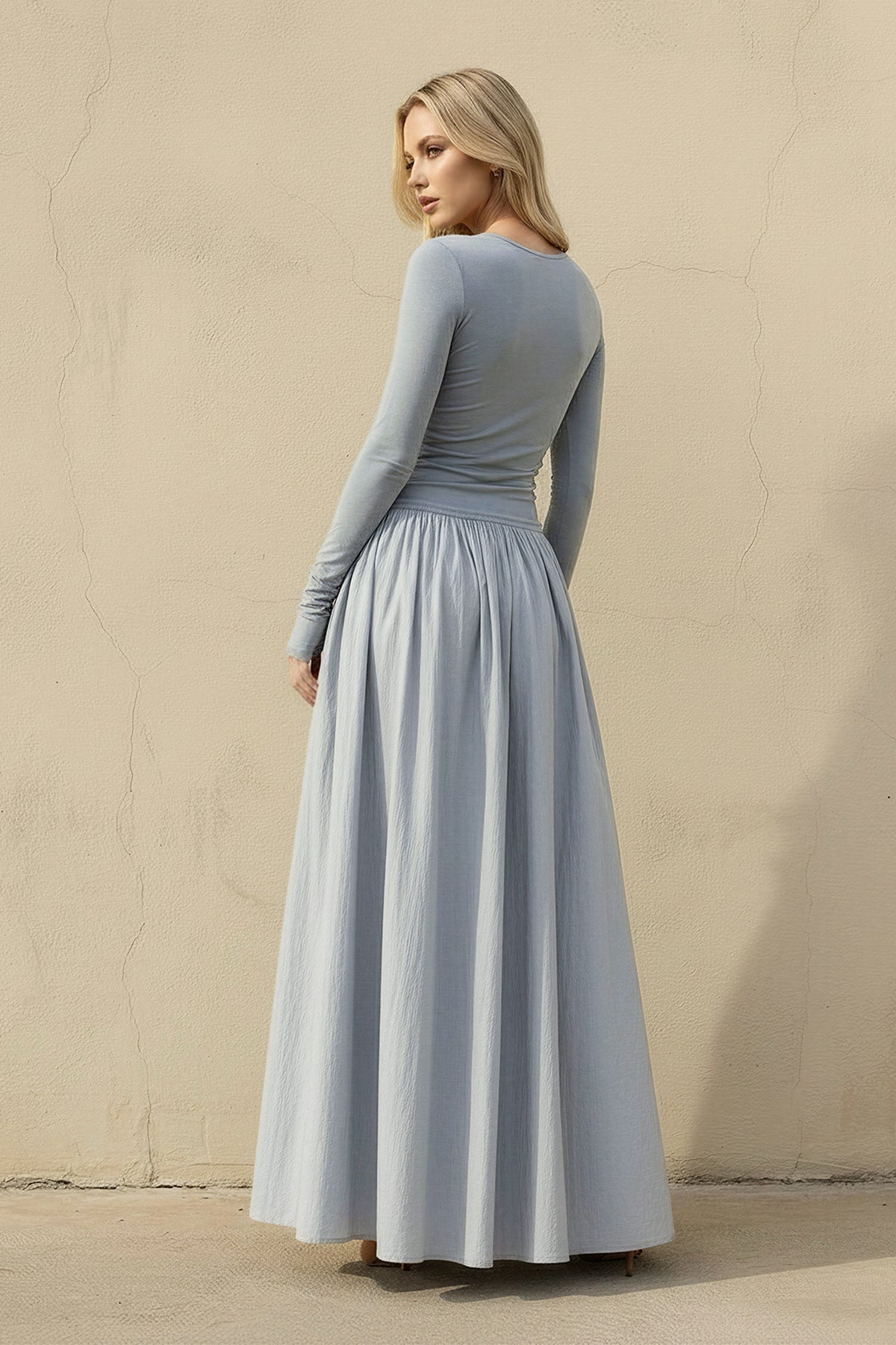 Long Sleeves Ruched Maxi Dress in Dusty Blue