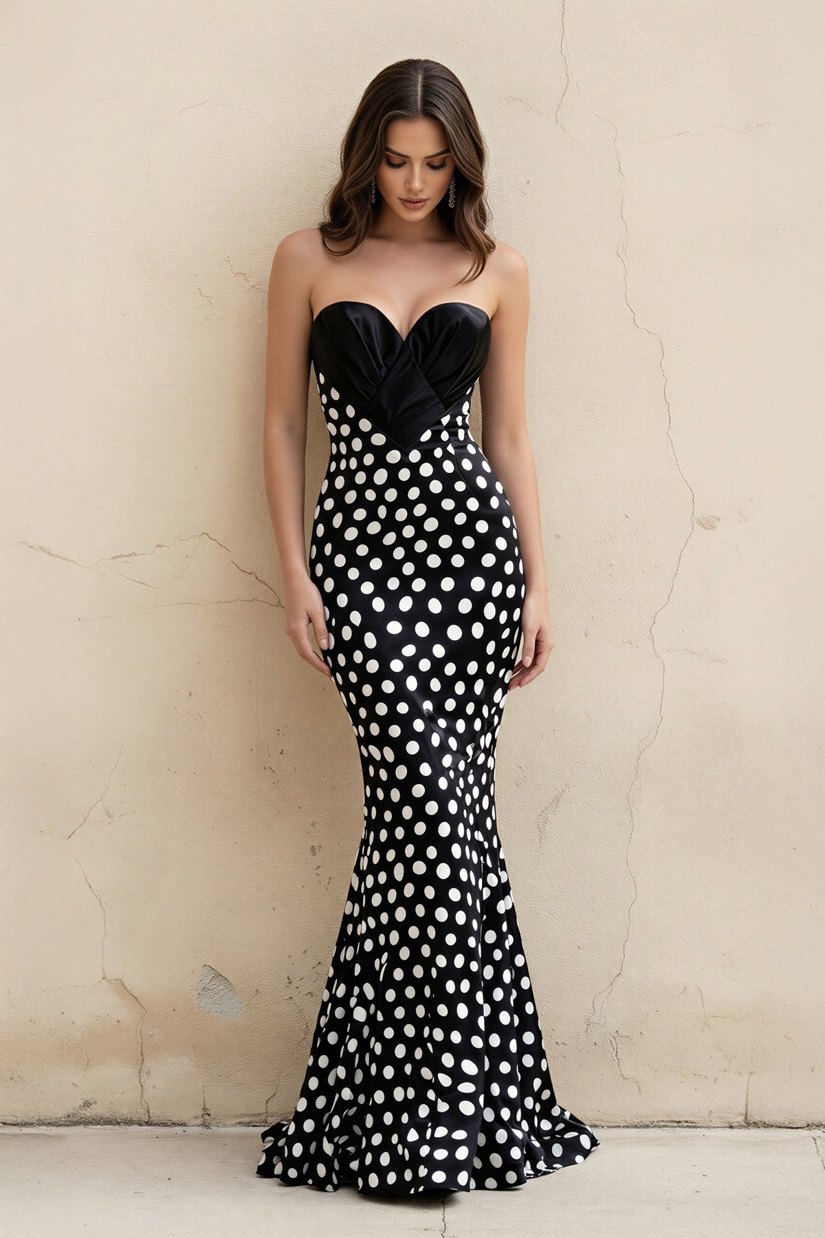 Mermaid Polka Dot Strapless Gown in Black